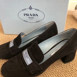 SOLD Prada logo 2” suede loafers, sold out